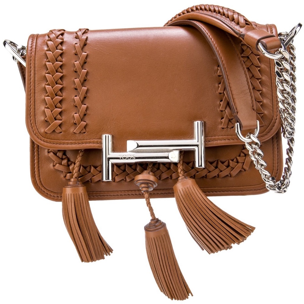$2,595 Tod's Cognac Leather Mini Double T Tassel Crossbody Bag Fringe Stiched